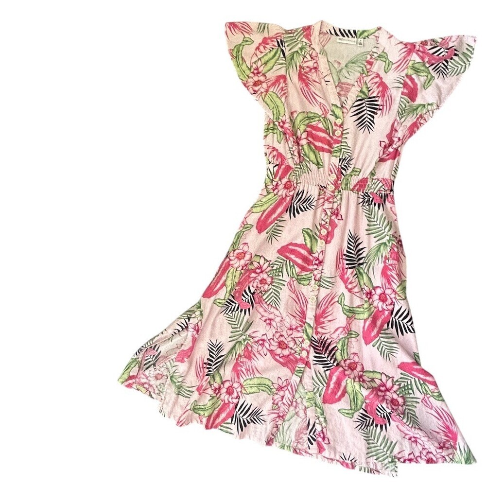 Rafaella Dress Womens M Pink Green Tropical Floral Button Front Midi - Picture 10 of 11